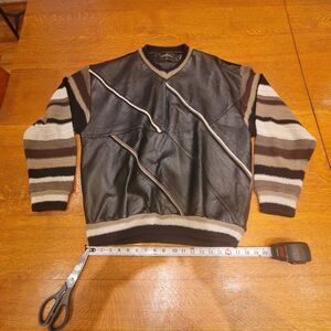 Saxony Men's Leather Knit Striped Pullover Sweater V-Neck Long Sleeve Large